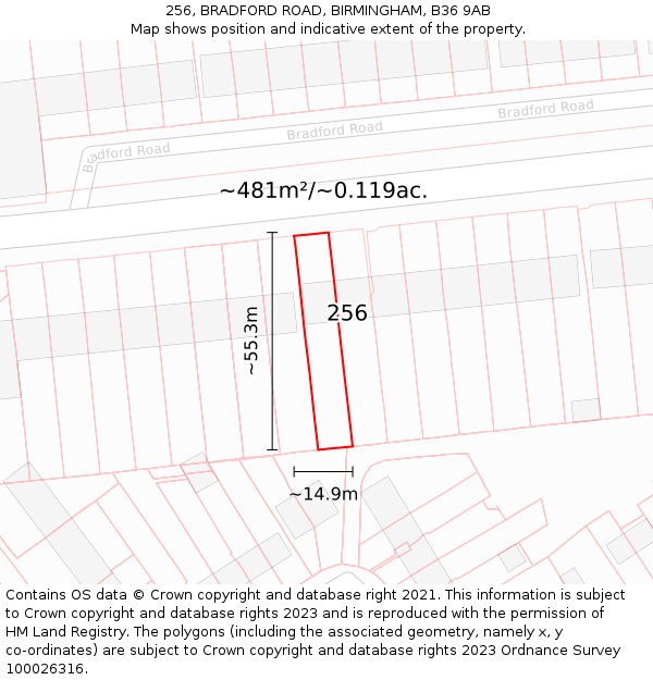 256, BRADFORD ROAD, BIRMINGHAM, B36 9AB: Plot and title map