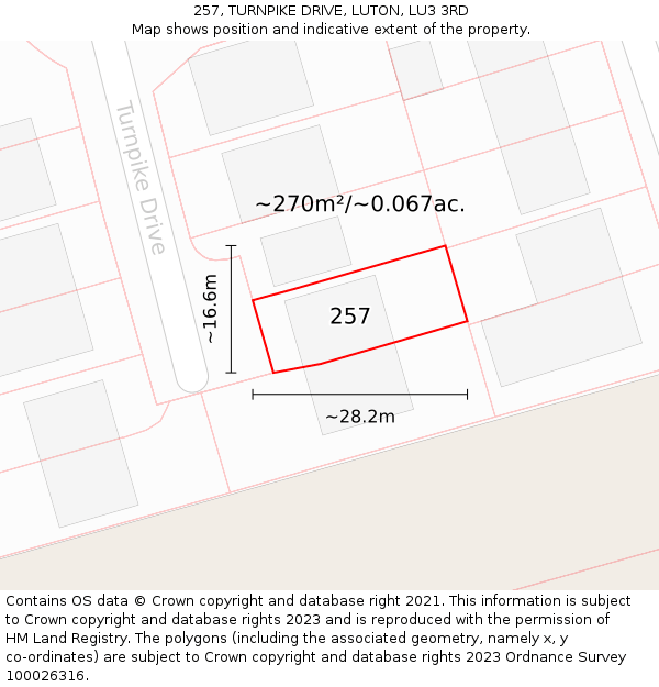 257, TURNPIKE DRIVE, LUTON, LU3 3RD: Plot and title map