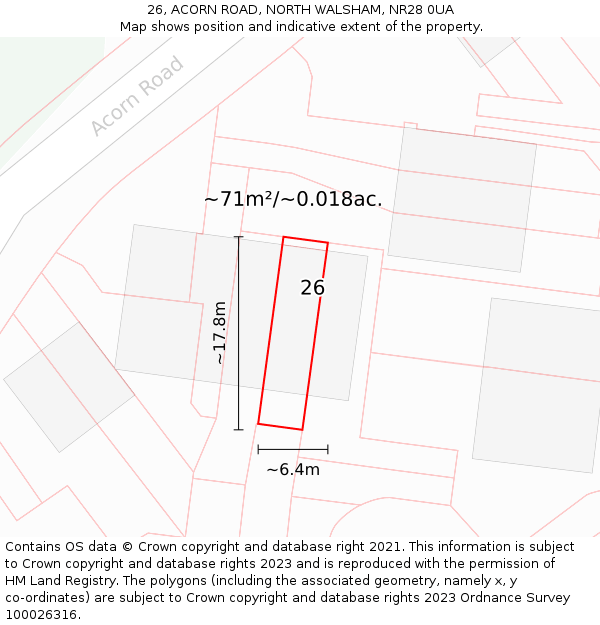 26, ACORN ROAD, NORTH WALSHAM, NR28 0UA: Plot and title map