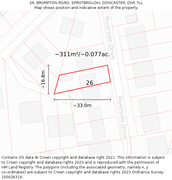 26, BROMPTON ROAD, SPROTBROUGH, DONCASTER, DN5 7LL: Plot and title map