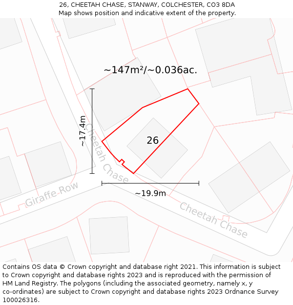 26, CHEETAH CHASE, STANWAY, COLCHESTER, CO3 8DA: Plot and title map