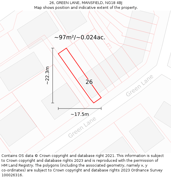 26, GREEN LANE, MANSFIELD, NG18 4BJ: Plot and title map