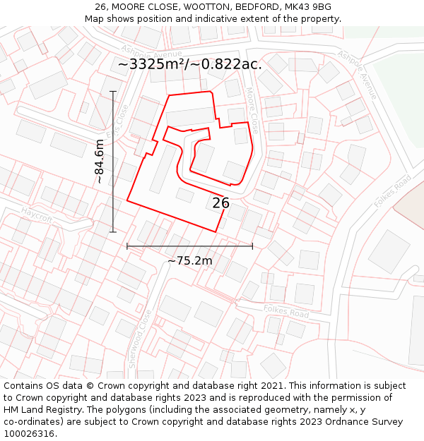 26, MOORE CLOSE, WOOTTON, BEDFORD, MK43 9BG: Plot and title map