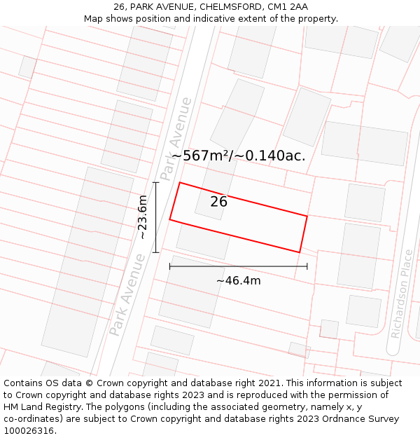 26, PARK AVENUE, CHELMSFORD, CM1 2AA: Plot and title map