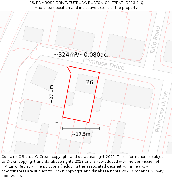 26, PRIMROSE DRIVE, TUTBURY, BURTON-ON-TRENT, DE13 9LQ: Plot and title map