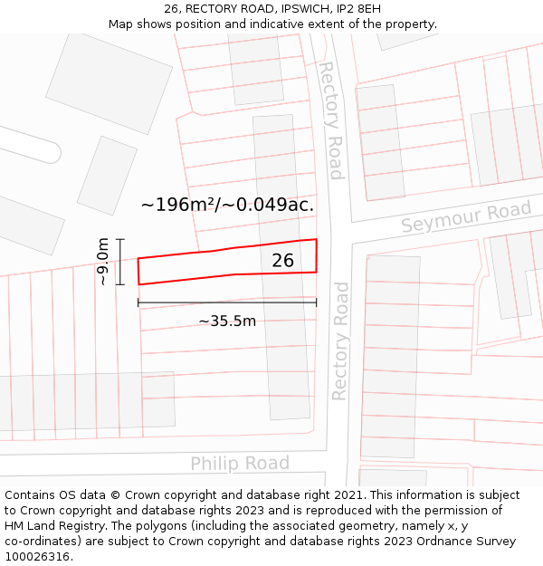 26, RECTORY ROAD, IPSWICH, IP2 8EH: Plot and title map