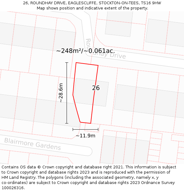 26, ROUNDHAY DRIVE, EAGLESCLIFFE, STOCKTON-ON-TEES, TS16 9HW: Plot and title map