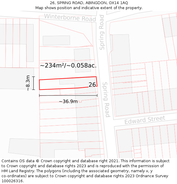 26, SPRING ROAD, ABINGDON, OX14 1AQ: Plot and title map