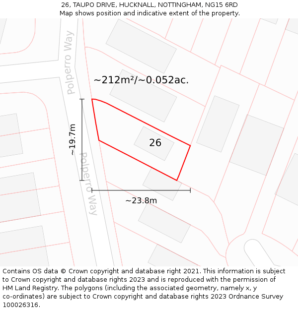 26, TAUPO DRIVE, HUCKNALL, NOTTINGHAM, NG15 6RD: Plot and title map