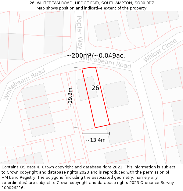 26, WHITEBEAM ROAD, HEDGE END, SOUTHAMPTON, SO30 0PZ: Plot and title map