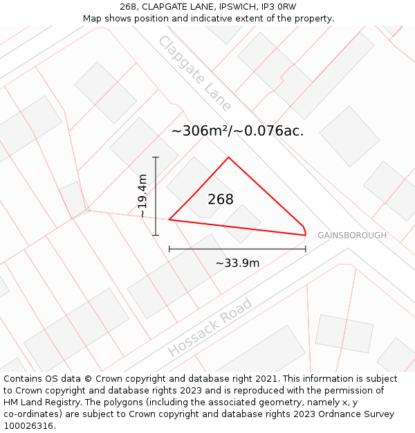 268, CLAPGATE LANE, IPSWICH, IP3 0RW: Plot and title map