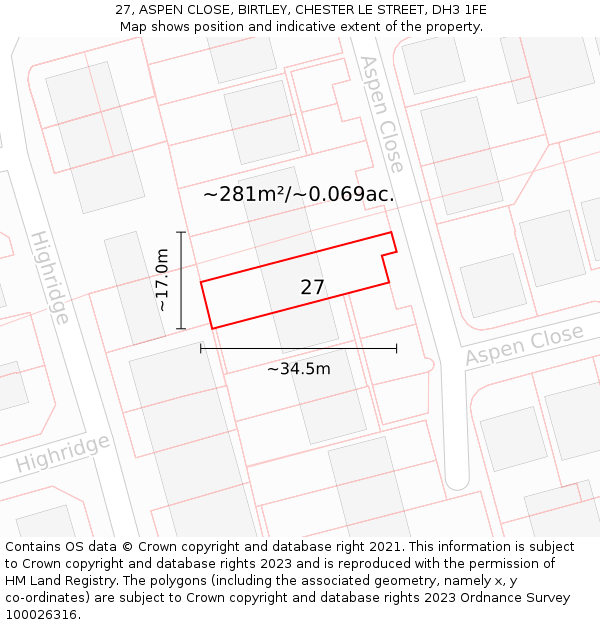 27, ASPEN CLOSE, BIRTLEY, CHESTER LE STREET, DH3 1FE: Plot and title map