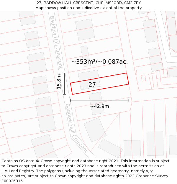 27, BADDOW HALL CRESCENT, CHELMSFORD, CM2 7BY: Plot and title map