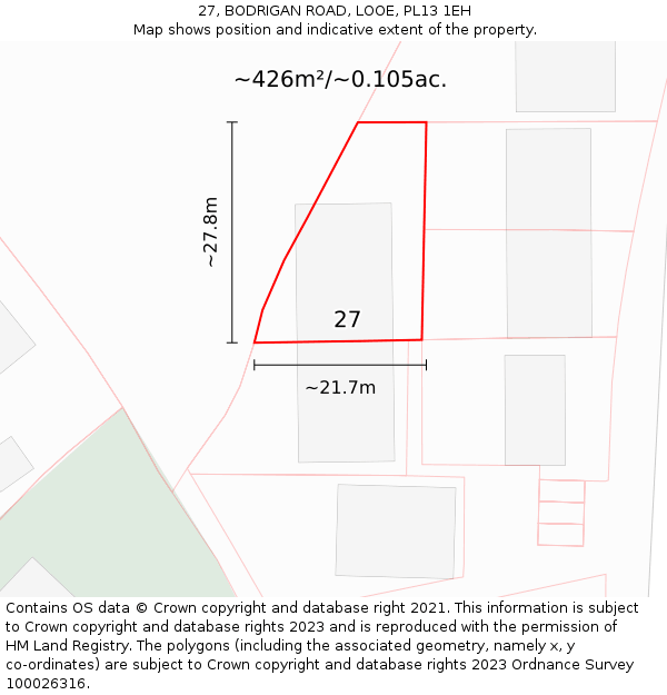 27, BODRIGAN ROAD, LOOE, PL13 1EH: Plot and title map