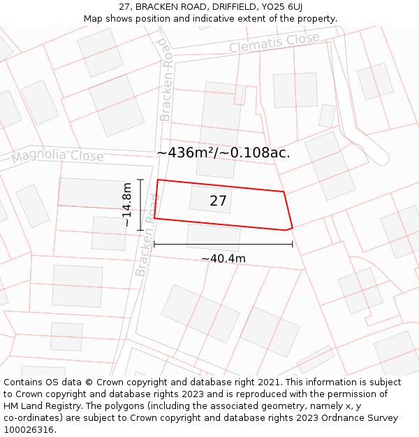 27, BRACKEN ROAD, DRIFFIELD, YO25 6UJ: Plot and title map