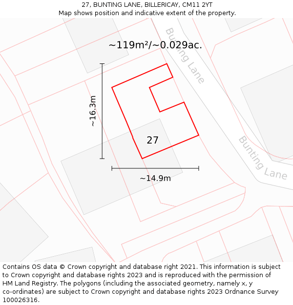 27, BUNTING LANE, BILLERICAY, CM11 2YT: Plot and title map