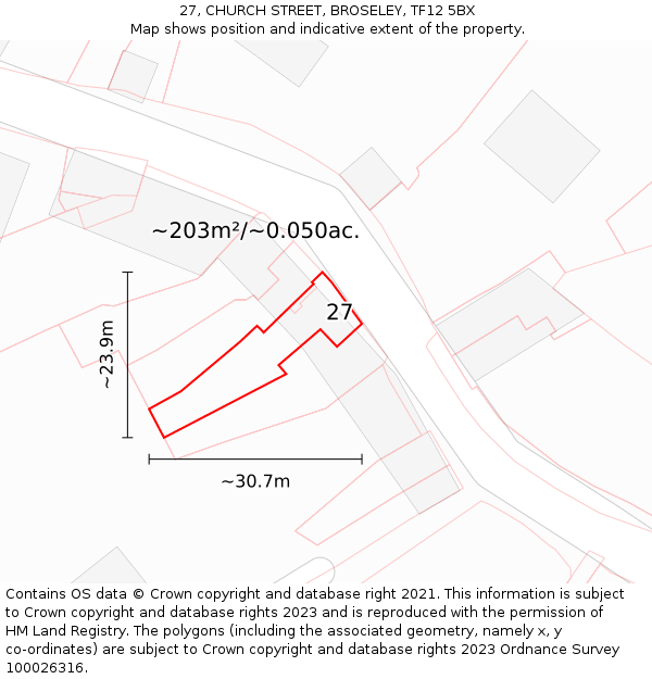 27, CHURCH STREET, BROSELEY, TF12 5BX: Plot and title map