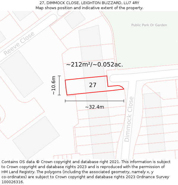 27, DIMMOCK CLOSE, LEIGHTON BUZZARD, LU7 4RY: Plot and title map