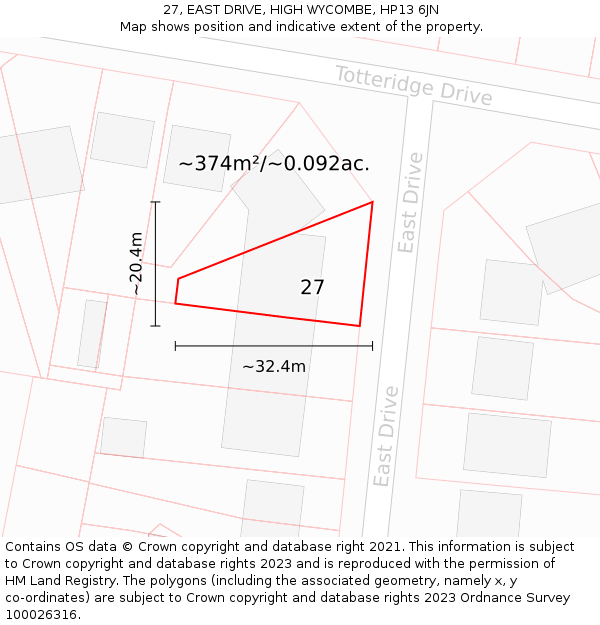27, EAST DRIVE, HIGH WYCOMBE, HP13 6JN: Plot and title map