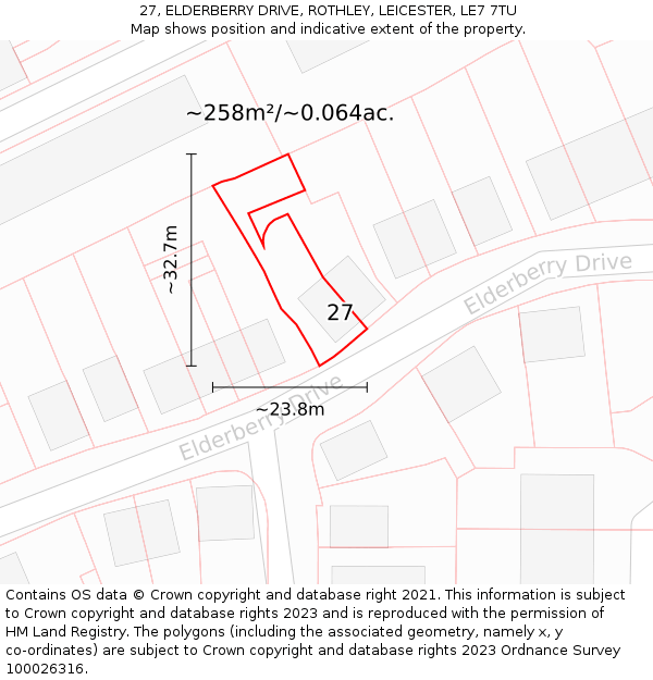 27, ELDERBERRY DRIVE, ROTHLEY, LEICESTER, LE7 7TU: Plot and title map