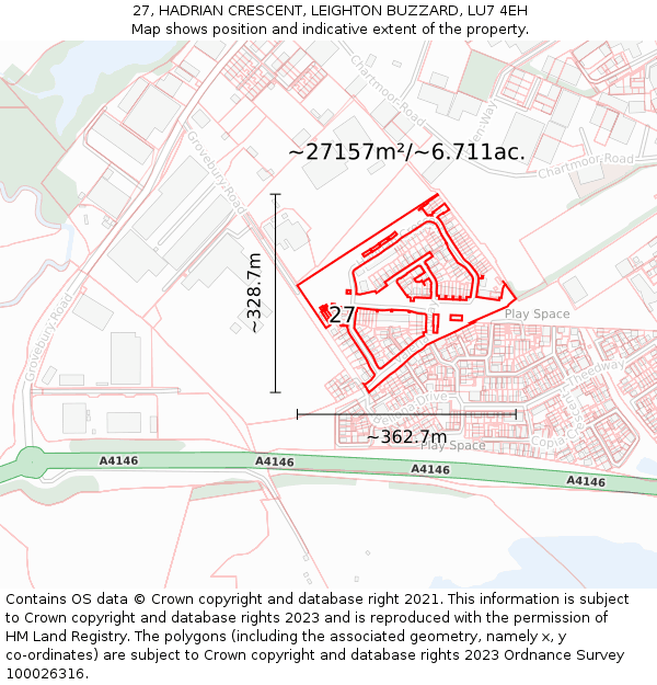 27, HADRIAN CRESCENT, LEIGHTON BUZZARD, LU7 4EH: Plot and title map