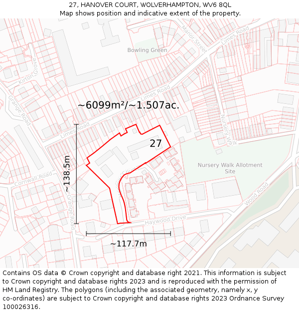 27, HANOVER COURT, WOLVERHAMPTON, WV6 8QL: Plot and title map