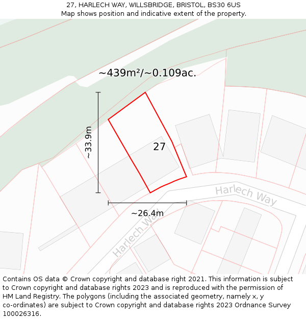 27, HARLECH WAY, WILLSBRIDGE, BRISTOL, BS30 6US: Plot and title map