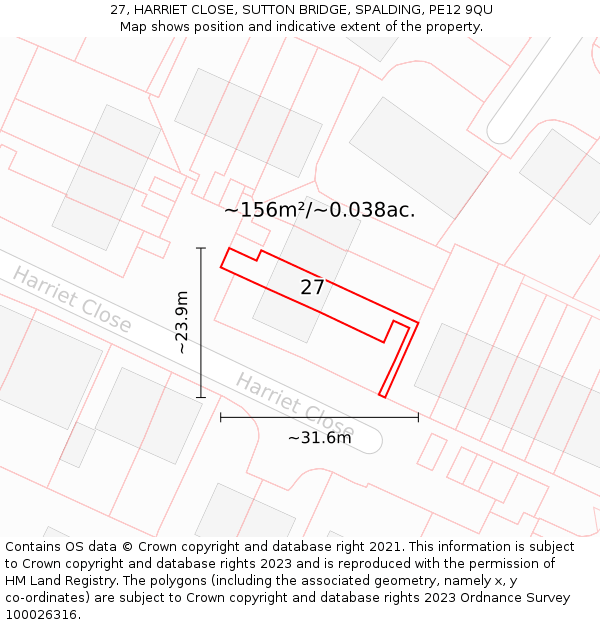 27, HARRIET CLOSE, SUTTON BRIDGE, SPALDING, PE12 9QU: Plot and title map