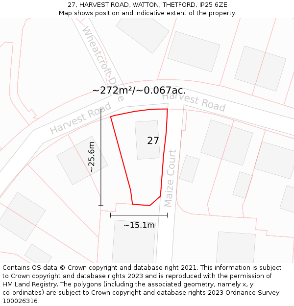 27, HARVEST ROAD, WATTON, THETFORD, IP25 6ZE: Plot and title map