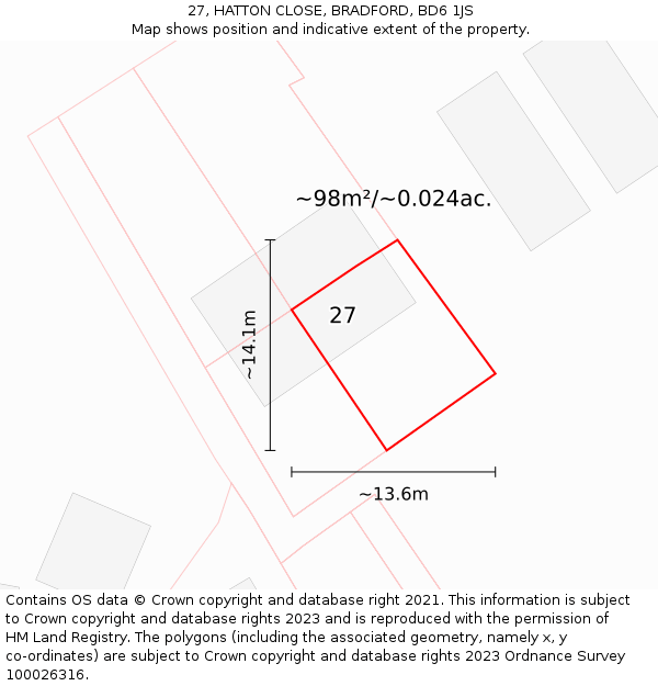 27, HATTON CLOSE, BRADFORD, BD6 1JS: Plot and title map