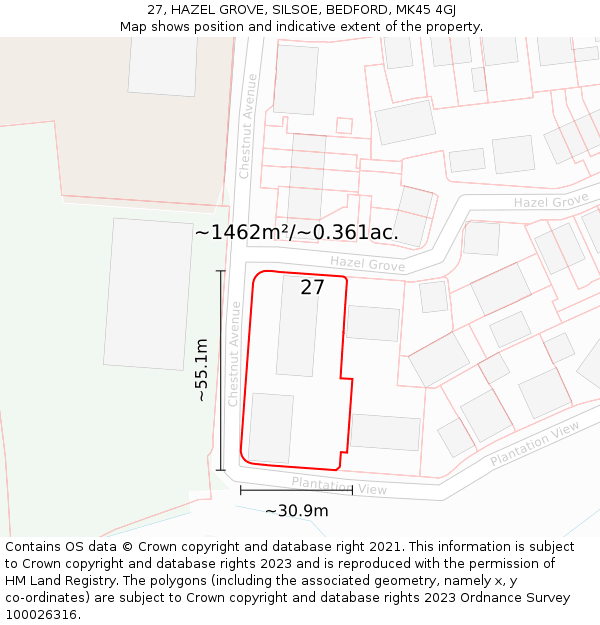 27, HAZEL GROVE, SILSOE, BEDFORD, MK45 4GJ: Plot and title map