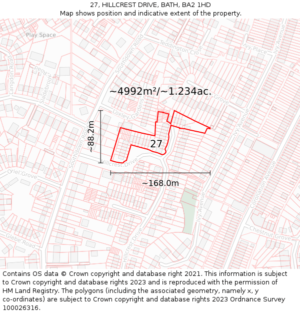 27, HILLCREST DRIVE, BATH, BA2 1HD: Plot and title map