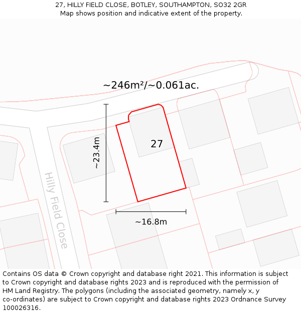 27, HILLY FIELD CLOSE, BOTLEY, SOUTHAMPTON, SO32 2GR: Plot and title map