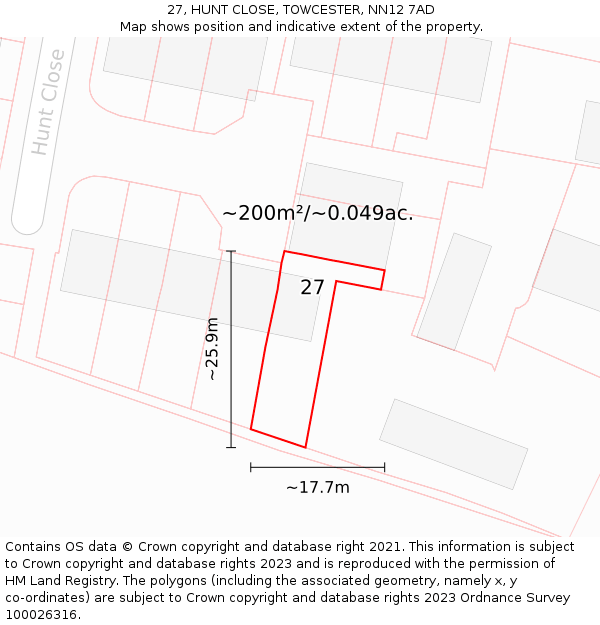 27, HUNT CLOSE, TOWCESTER, NN12 7AD: Plot and title map