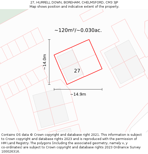 27, HURRELL DOWN, BOREHAM, CHELMSFORD, CM3 3JP: Plot and title map