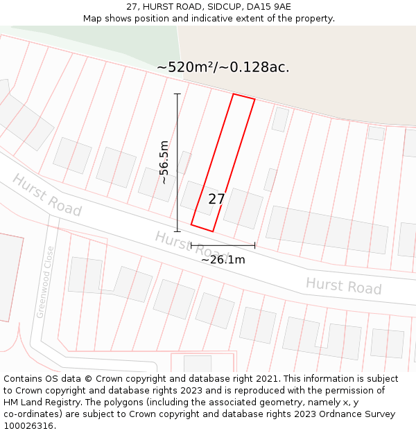 27, HURST ROAD, SIDCUP, DA15 9AE: Plot and title map