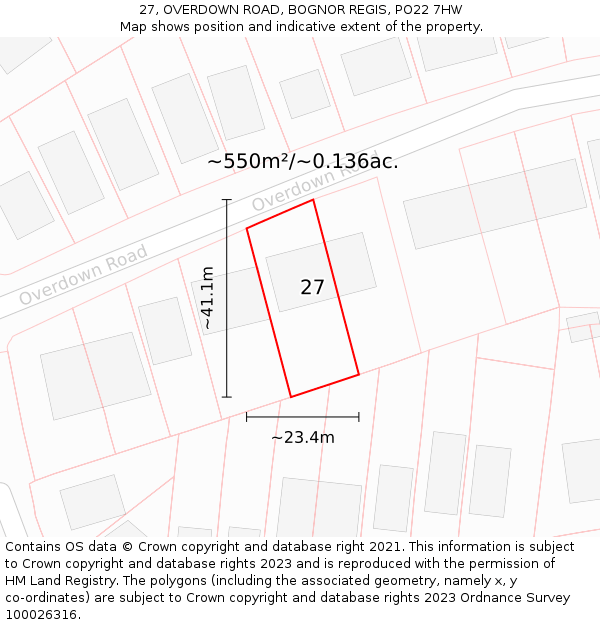 27, OVERDOWN ROAD, BOGNOR REGIS, PO22 7HW: Plot and title map