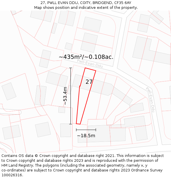 27, PWLL EVAN DDU, COITY, BRIDGEND, CF35 6AY: Plot and title map