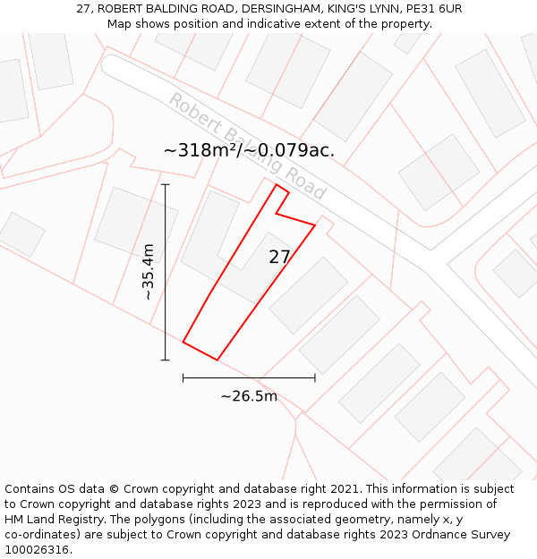 27, ROBERT BALDING ROAD, DERSINGHAM, KING'S LYNN, PE31 6UR: Plot and title map