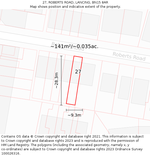 27, ROBERTS ROAD, LANCING, BN15 8AR: Plot and title map