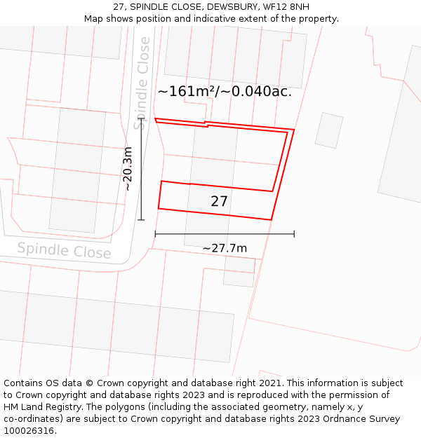 27, SPINDLE CLOSE, DEWSBURY, WF12 8NH: Plot and title map