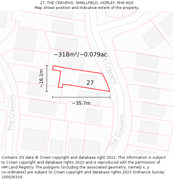 27, THE CRAVENS, SMALLFIELD, HORLEY, RH6 9QS: Plot and title map