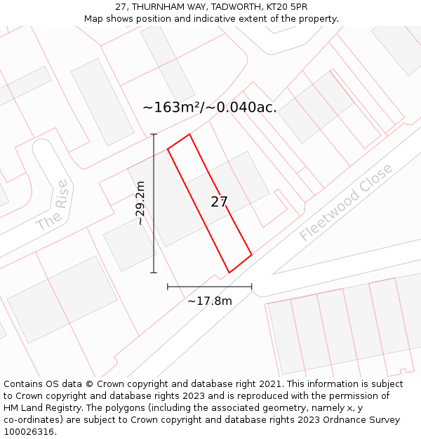27, THURNHAM WAY, TADWORTH, KT20 5PR: Plot and title map