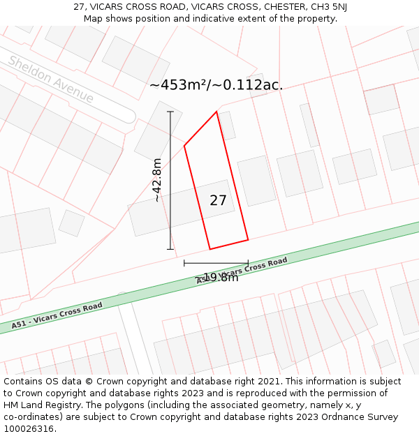 27, VICARS CROSS ROAD, VICARS CROSS, CHESTER, CH3 5NJ: Plot and title map