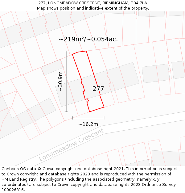277, LONGMEADOW CRESCENT, BIRMINGHAM, B34 7LA: Plot and title map