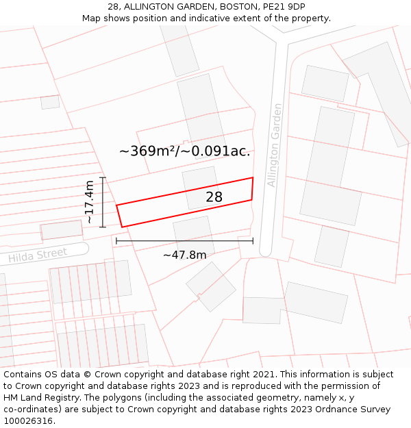 28, ALLINGTON GARDEN, BOSTON, PE21 9DP: Plot and title map