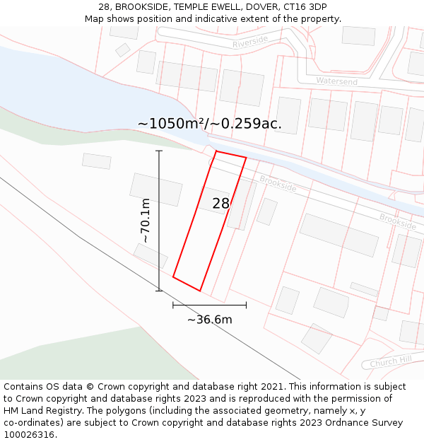 28, BROOKSIDE, TEMPLE EWELL, DOVER, CT16 3DP: Plot and title map