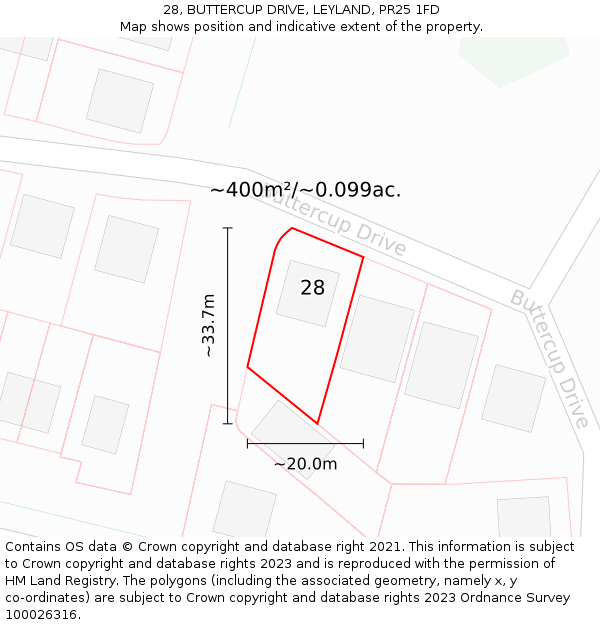 28, BUTTERCUP DRIVE, LEYLAND, PR25 1FD: Plot and title map