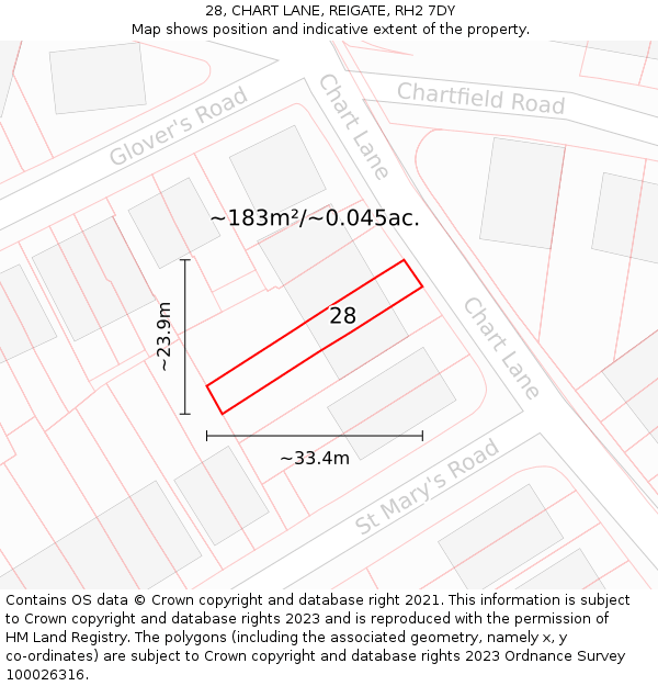 28, CHART LANE, REIGATE, RH2 7DY: Plot and title map