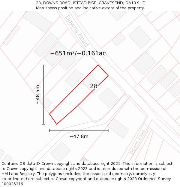 28, DOWNS ROAD, ISTEAD RISE, GRAVESEND, DA13 9HE: Plot and title map